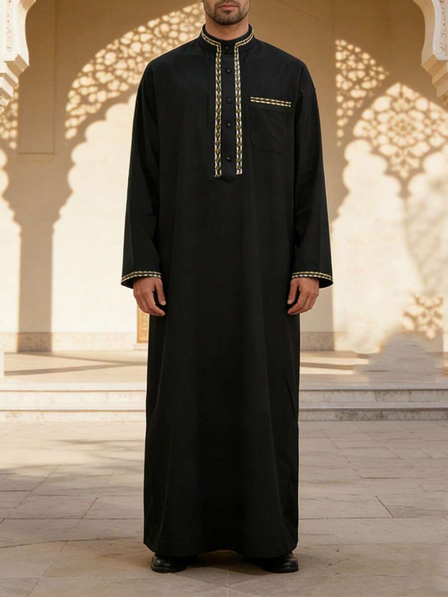 Bata larga para hombre con ribete de encaje, bata larga con mangas largas y bolsillos, vestimenta de Oriente Medio, adecuada como regalo para amigos y familiares - Negro - Ver 1