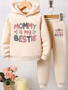2pcs/Set - Tween Girl Graphic Print Casual Fleece Hoodie Sweatshirt And Fleece Pants, Autumn/Winter Outfit - Apricot - View 3