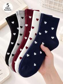 5 Pairs Heart Pattern Mid-Calf Socks, Simple High Elasticity, Moisture-Wicking, Breathable, Sports Casual Socks, Randomly Shipped - Multicolor - View 1