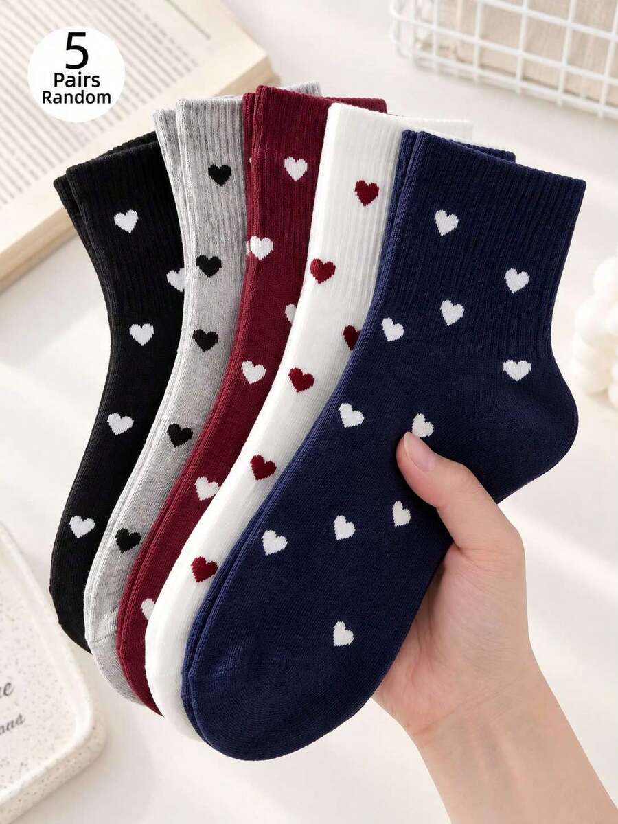 5 Pairs Heart Pattern Mid-Calf Socks, Simple High Elasticity, Moisture-Wicking, Breathable, Sports Casual Socks, Randomly Shipped - Multicolor - View 1