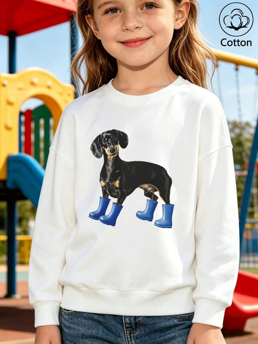 Kids' Cute Dachshund & Blue Rain Boots Print Pullover Sweatshirt, Loose Fit Long Sleeve Round Neck Top, - White - View 1