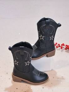 Kids Western Style Mid-Calf Boots With Star Embroidery, Perfect For Stage Shows, Party Gatherings And Weekend Trips - Black - View 9
