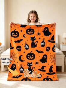 Custom Name Halloween Black Cat Pumpkin Ghost Bat Blanket, Soft Throw, Cute Spooky Design, Lightweight For Sofa Camping Travel, Kids Halloween Gift - Multicolor - View 1