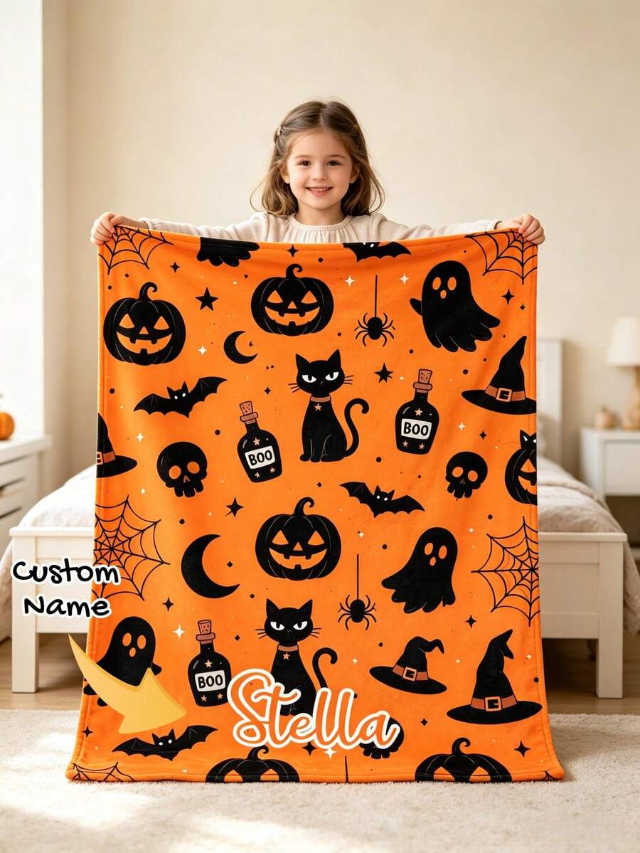 Custom Name Halloween Black Cat Pumpkin Ghost Bat Blanket, Soft Throw, Cute Spooky Design, Lightweight For Sofa Camping Travel, Kids Halloween Gift - Multicolor - View 1