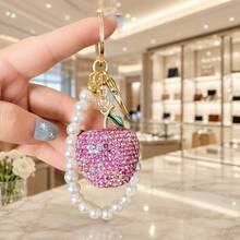 1pc Minimalist Fashion Rhinestone Apple Keychain With Pearl Pendant Phone Bag Charm, Suitable For Girls Christmas - Multicolor - View 8