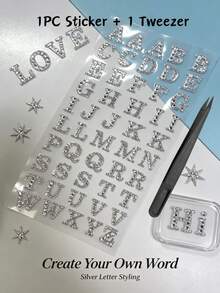 1pc Silver Rhinestone English Letter Decorative Stickers, Colorful English Letter Diamond 3D Stickers, Full Set Of 26 Hollow Rhinestone Letters With Tweezers, Self-Adhesive Backing, Phone Decoration Stickers, Laptop Decoration Stickers, Compatible With Phone Cases, Earphone Boxes, Tablets, Laptops, Headphone Shell Decoration Stickers - Letter Design - View 6