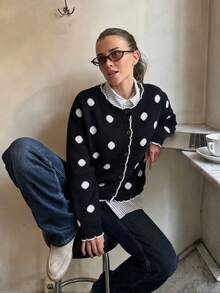 Fall/Winter Casual Versatile Crew Neck Cute Polka Dot 2 In 1 Going Out Knit Cardigan - Black and White - View 9