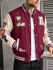 Men's Colorblock Patchwork Letter Embroidery Baseball Jacket, Autumn, Casual, Graduation, Back To School, Letter Varsity Jacket - Hot Pink - View 5