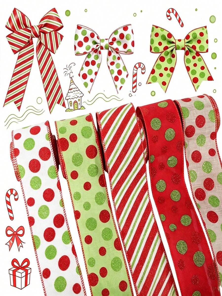 5pcs Christmas Wired Edge Ribbon Elf Hat And Leg Multi-Point Vortex Diagonal Stripe Ribbon Family Party Bow Decoration Christmas Tree Wreath Gift Packaging DIY Crafts, 2.5 Inches (Cute Style) - 1 YEAR - View 1
