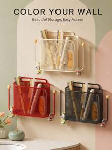 1pc Wall-Mounted Storage Basket, Minimalist Metal Mesh Rectangular Storage Basket With Side Hooks, No-Drill Wall Hanging Rack, Suitable For Bathroom, Bedroom, Dorm, Home Daily Storage - Multicolor - View 3