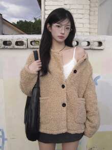 Jaket Kulit & Bulu Fleece Wanita Musim Gugur/Dingin Terbaru, Lapisan Termal Tebal, Gaya Retro Vintage - Khaki - View 2