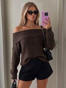 Women's Autumn/Winter Asymmetric Asymmetric Neck Ruched Neck Vertical Ribbed Minimalist Slouchy Loose Knit Top - Coffee Brown - View 2