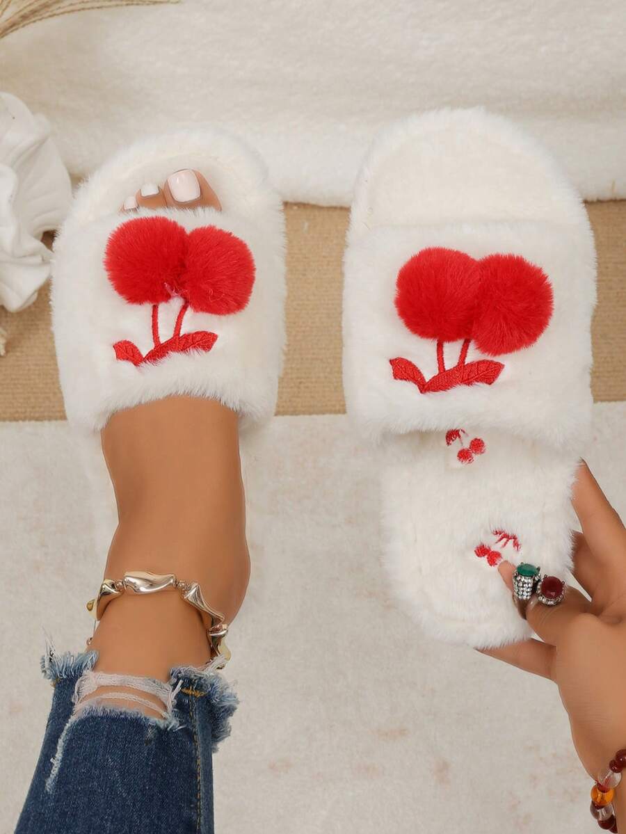 1 Pair Cherry Pom Pom Decor Plush Slippers Women Autumn/Winter Cute Open Toe Fuzzy Cotton House Slippers - White - View 1