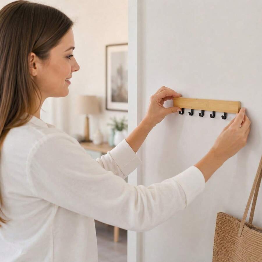 28cm Wood Bamboo 6 Hooks Wall Hook Rack Entryway Organizer, Hanging Storage Hanger Holder - D - View 1
