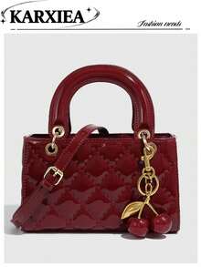 1pc PU Leather Bag, Horizontal Burgundy Color Handbag For Women, Versatile New Summer Lacquered Quilted Tote Bag, Structured Small Bag - Multicolor - View 3