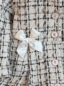 2pcs/Set Baby Girl Elegant Tweed Bow Long Sleeve Dress With Hat, Casual Autumn/Winter - Apricot - View 6