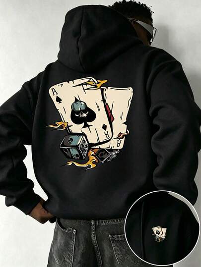 Plus Size Men's Black Spade A Poker Dice Skull Print Hoodie, Autumn Streetwear Vibe, Comfortable Hoodie For Heavyweight People