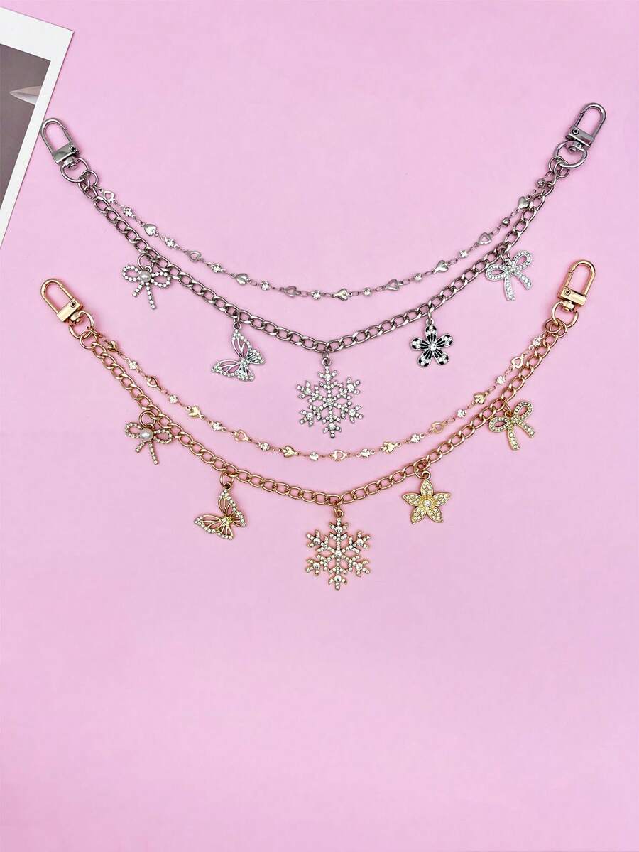 1pc Exquisite Rhinestone Snowflake Bag Charm, Double Layer Chain Series Bag Accessory, Women's Accessory, Butterfly Flower Pendant, Wallet Decoration, Christmas Ornament, Room Decor, Holiday Gift - Multicolor - View 1
