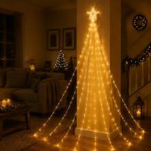 Solar LED Star Top Christmas Tree String Lights, Cascading Drop Starburst Lamp, Waterproof Outdoor Use, Romantic Lighting For Holiday Gathering & Xmas Decor - Star Waterfall Light - View 2