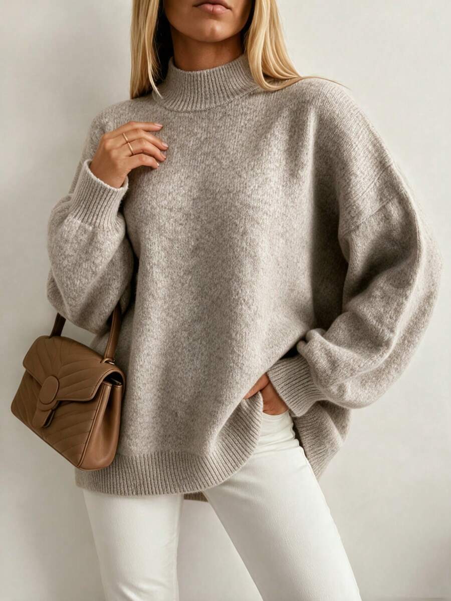 Women's Fall Winter Oatmeal Heathered Soft Cozy Fuzzy Knit Mock Neck Lantern Sleeve Sweater, Oversized Slouchy Casual Daily Office Work Commute Wear - Oatmeal Color - View 1