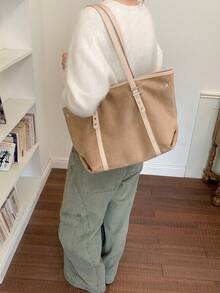 1pc Women's Autumn/Winter New Large Capacity Colorblock Shoulder Tote Bag, Fashion Commuter Bag, Suitable For Office, School, College Classes, Casual Wear - 卡其色 - 查看 6