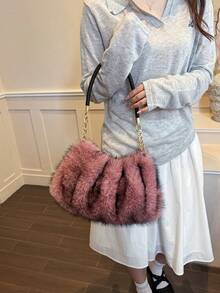 Women's Plush Pink Large Capacity Metal Chain Shoulder Bag, Autumn/Winter - Pink - View 4
