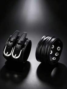 2pcs Black Motorcycle Style Fashion Punk Bracelets, Suitable For Men's Daily Riding, Outdoor Fashion Wear, Exquisite Bracelet Set For Men - Black - View 1