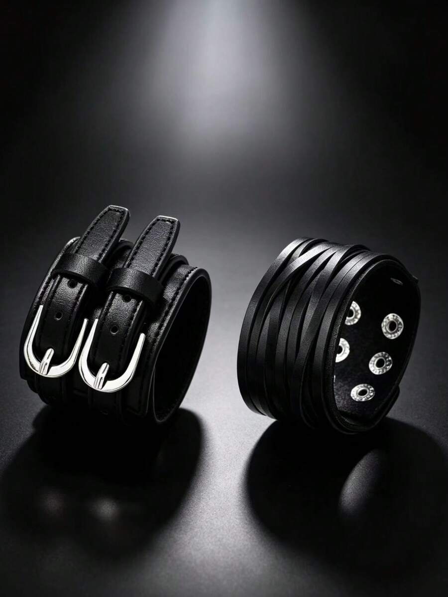 2pcs Black Motorcycle Style Fashion Punk Bracelets, Suitable For Men's Daily Riding, Outdoor Fashion Wear, Exquisite Bracelet Set For Men - Black - View 1