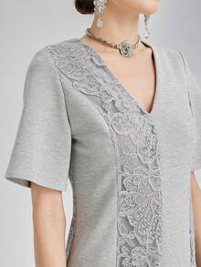 Rich Radi Q's Fashion Women's Gray Mid-Length Dress, V-Neck Short Sleeve Design, Exquisite Contrast Lace Details, Woven Fabric Slim Fit Mermaid Silhouette - Grey - View 5