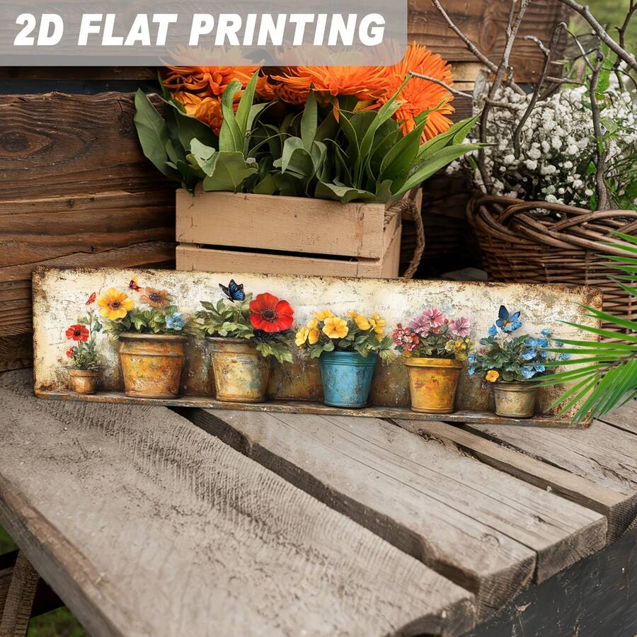 1pc 2D Flat Vintage Potted Flower & Butterfly Wall Hanging Decor, Rustic Style, For Kitchen, Balcony, Garden Party Home Decoration, Decorative Sign & Plaque (Random Style) - A - View 1