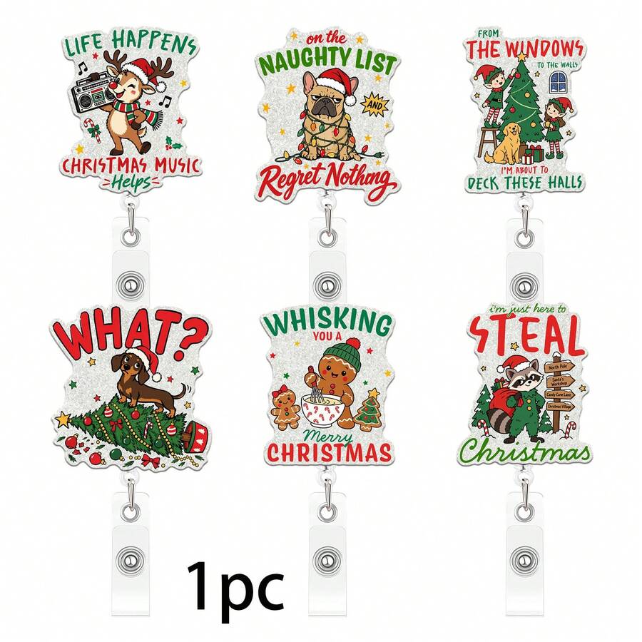 1pc Fun Christmas Acrylic Retractable Badge Reel, Office Workplace ID Holder Christmas Atmosphere Decoration - Multicolor - View 1