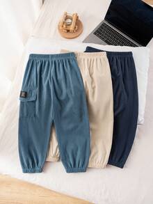 3pcs/Pack Corduroy Long Pants - Elastic Waist, Cargo Pockets - Casual Outdoor Sports - Suitable For Spring, Autumn, Winter - Multicolor - View 2