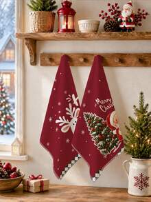 2pcs Christmas Red Cartoon Reindeer, Santa Claus, Christmas Tree Pattern Kitchen Towels, Soft Polyester Dish Cloths, Suitable For Kitchen Decor, Kitchen Cleaning, Holiday Party Decoration, Kitchen Bathroom Supplies, Home Essentials, Home Decor, Housewarming Gift - Multicolor - View 6