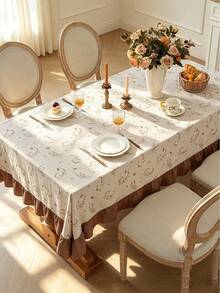 1pc Faux Linen Tablecloth With Scalloped Lace Trim, Polyester Fabric, Botanical Pattern, Rectangular/Square Tablecloth For Dining Room And Living Room Table Decor - Beige - View 8