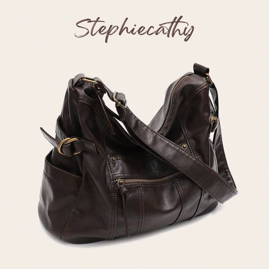 STEPHIECATHY 女款奢華慵懶軟 PU 皮革單肩斜挎包，長肩帶大容量休閒通勤包，日常大學購物旅行中性風格