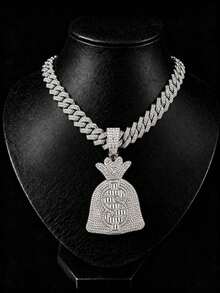 Men's Rhinestone Money Bag Dollar Sign Pendant Necklace, Alloy Miami Cuban Chain Hip Hop Shiny Jewelry, Suitable For Daily Streetwear - dollar money bag pendant - View 3