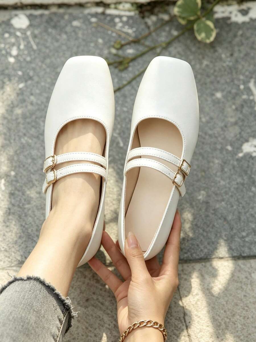 Spring/Autumn New Women's Flat White Double Buckle Square Toe Mary Jane Shoes, Versatile Daily Commute Retro Ballet Shoes