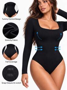 Bodysuit Wanita Warna Polos Tanpa Jahitan, Leher Persegi, Semi-Bodycon, Lengan Panjang, Pinggang Bergaris - Hitam - View 3