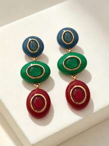 1 Pair Vintage French Style Colorblock Oval Resin Blue Green Red ...
