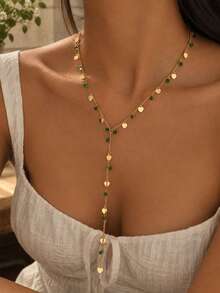 1pc Niche Design Asymmetrical Green Rhinestone Heart Tassel Decor Y-Shaped Long Necklace, Vintage Versatile Gold Women's Neck Jewelry, Suitable For Daily Wear, Parties And Music Festivals, Handmade Chain Cut By Length With Random Number Of Sections - Multicolor - View 1