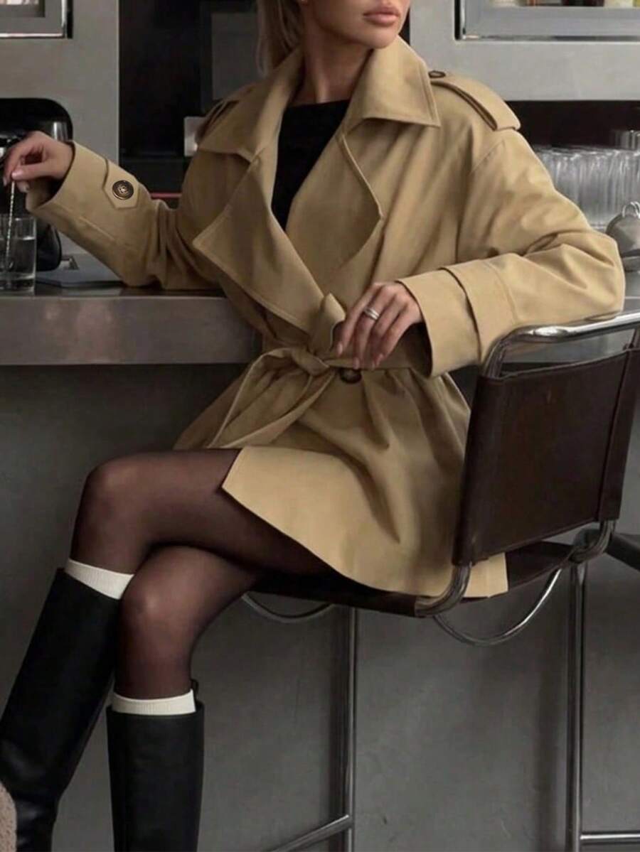 Women's Fashion Lapel Long Sleeve Mid-Length Tie-Waist Trench Coat, Double-Button Design, Perfect Choice For Autumn - Khaki - View 1