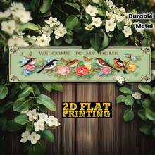 Desain Datar 2D, Papan Dinding Logam Vintage "Selamat Datang di Rumahku" - Plakat Pintu Pondok Pedesaan Besar 4.0X16.0 Inci dengan Pola Burung dan Karangan Bunga, Bingkai Hijau Mint dan Emas, Dekorasi Gantung Tahan Lama, Cocok untuk Teras - A - View 1