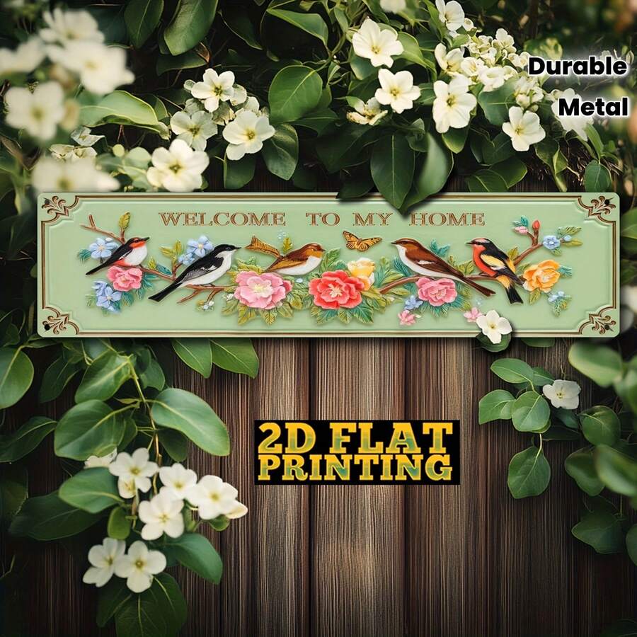 Desain Datar 2D, Papan Dinding Logam Vintage "Selamat Datang di Rumahku" - Plakat Pintu Pondok Pedesaan Besar 4.0X16.0 Inci dengan Pola Burung dan Karangan Bunga, Bingkai Hijau Mint dan Emas, Dekorasi Gantung Tahan Lama, Cocok untuk Teras - A - View 1