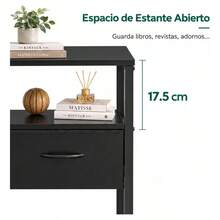 Buró Vintage con Estación de Carga USB y Tomas de Corriente, Mesa de Noche con Cajón Ajustable y 4 Niveles de Almacenamiento, Marrón para Recámara y Sala - Negro - Ver 8