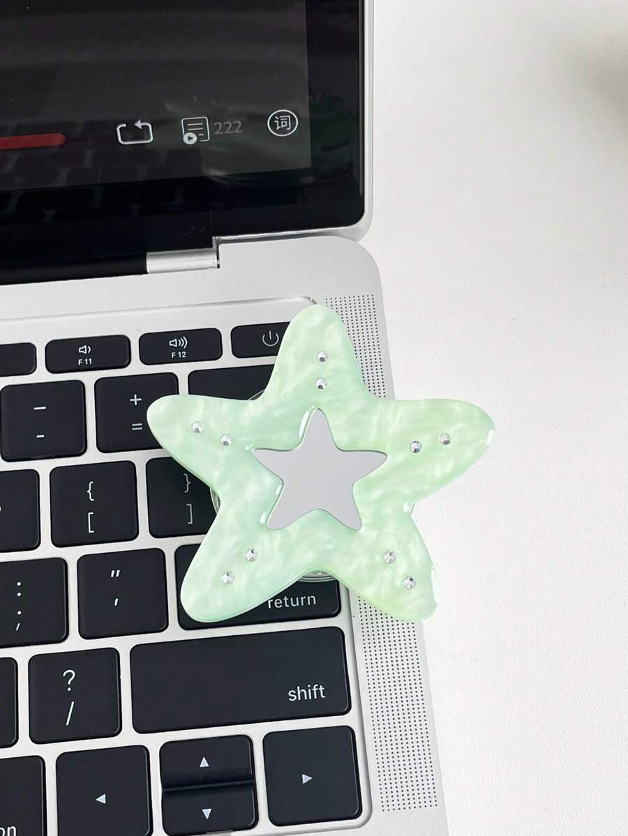高級大理石紋水鑽五角星化妝鏡 MagSafe 磁吸氣墊手機支架 可折疊伸縮吸附式追劇環扣支撐架