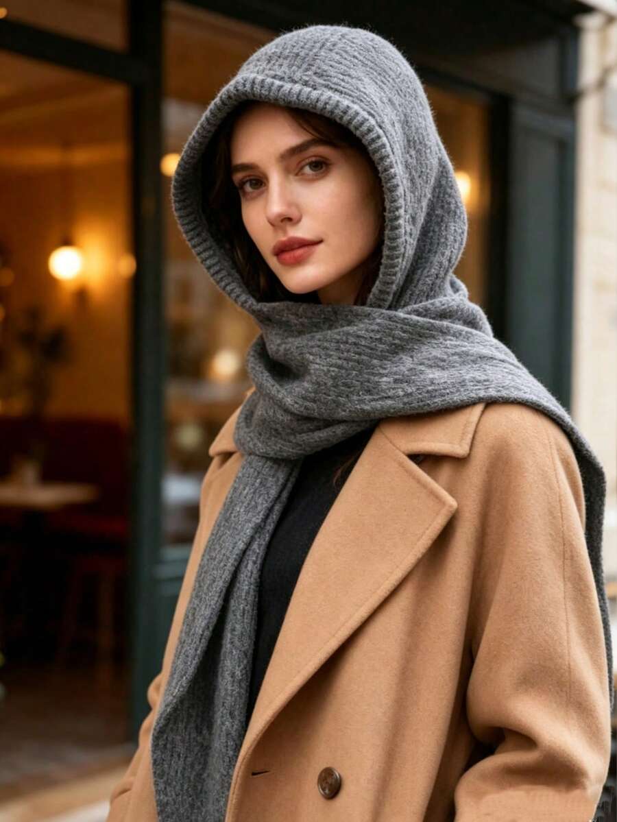 Women's Fashion Versatile Solid Color Scarf-Style Knitted Hat (Grey/Red/Black/White 4 Colors Available) Warm Ear Protection For Autumn/Winter. This Balaclava Wool Hat Is Suitable For Daily Outings, Shopping And Travel. - Multicolor - View 1