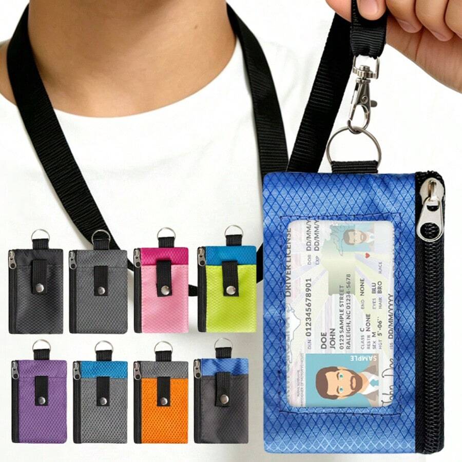 Multifunctional Outdoor Card Holder, Lanyard Short Wallet, Multi-Pocket Zipper Coin Purse With See-Through Window For Student ID Card, Unisex Style, Travel Use, Ideal Gift - Multicolor - View 1