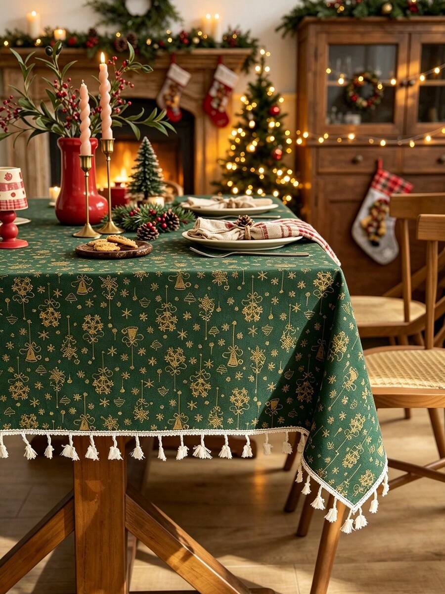 1PC Green Tablecloth With Gold Bell & Snowflake Pattern, Hot Stamping Craft, Farmhouse Christmas Style, Woven Fabric With Tassel Edge, Washable & Wrinkle Resistant, Decorative Table Cover For Dining Table, Xmas Holiday Party Decoration - Green - View 1