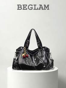 Fashion Solid Color PU Shoulder Tote Bag With Pendant Decoration, Suitable For Women Shopping, Commuting And Daily Use - Black - View 1
