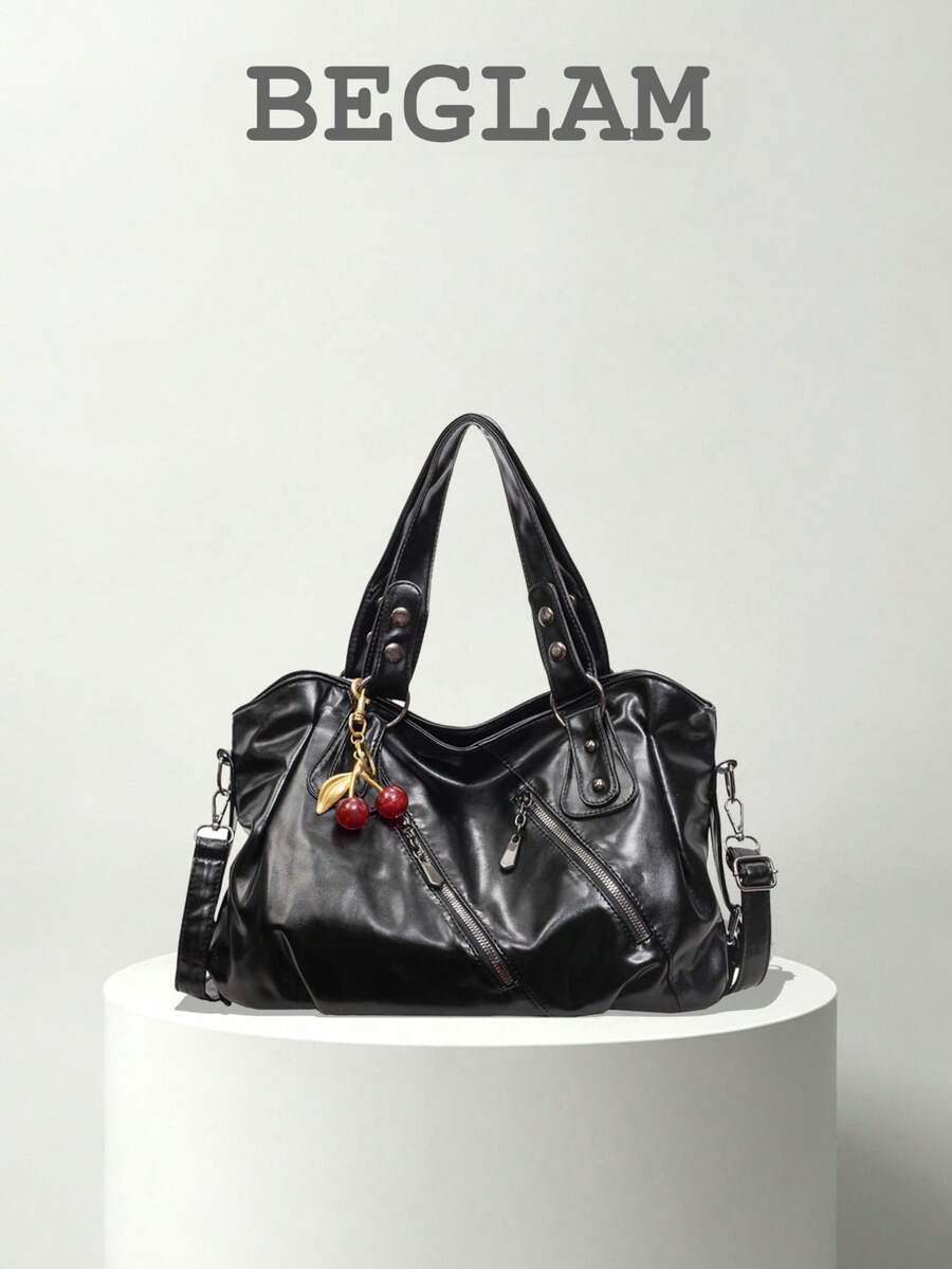Fashion Solid Color PU Shoulder Tote Bag With Pendant Decoration, Suitable For Women Shopping, Commuting And Daily Use - Black - View 1